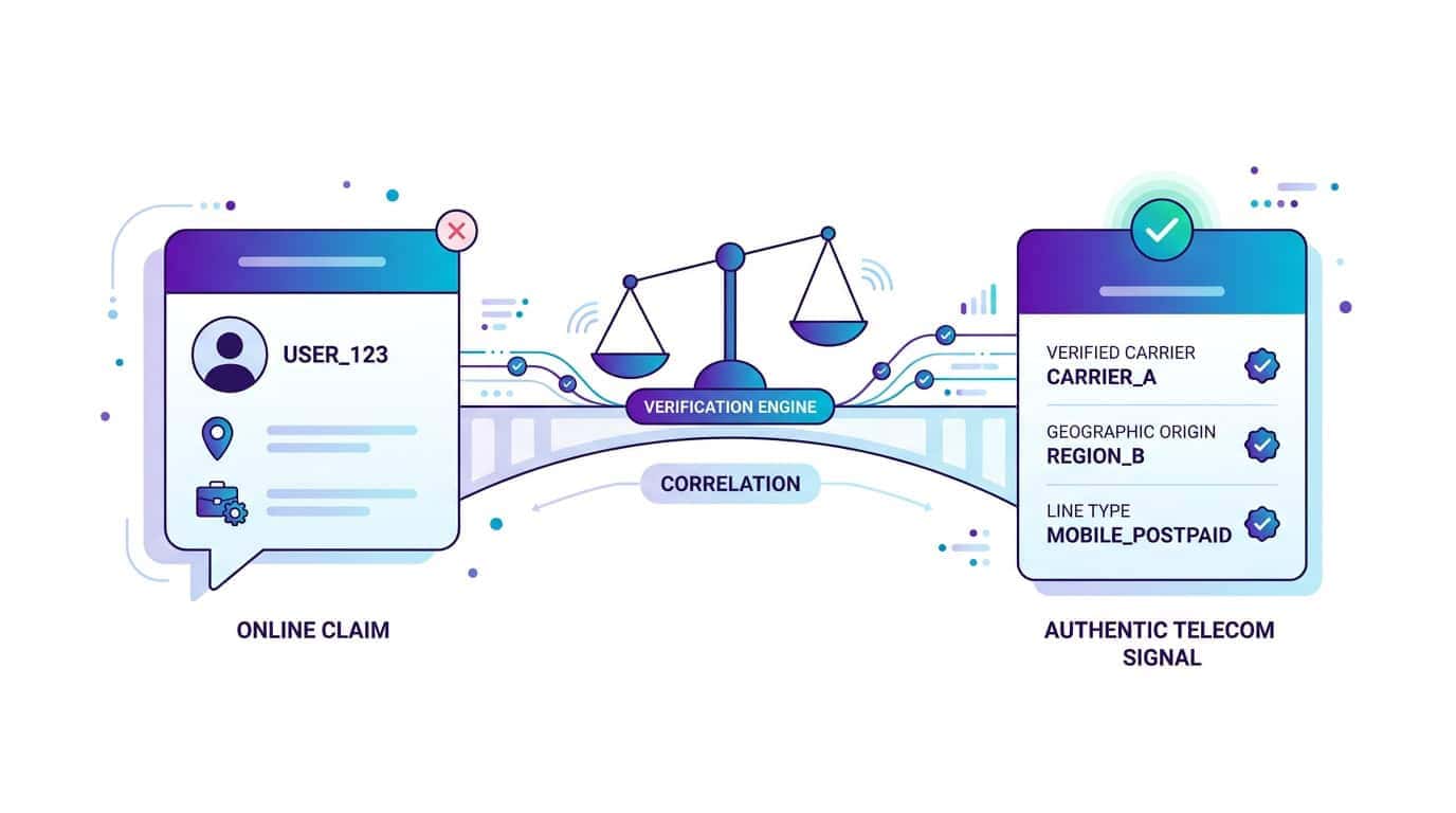 Comparison dashboard showing claimed online identity versus verified telecom records and public signals