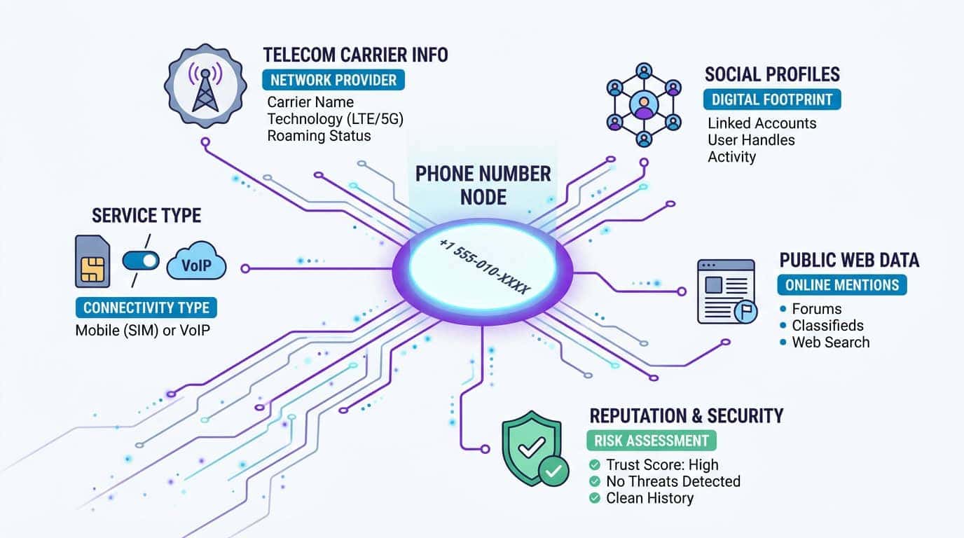 Central phone number node branching into carrier, line type, public profiles, and risk indicators