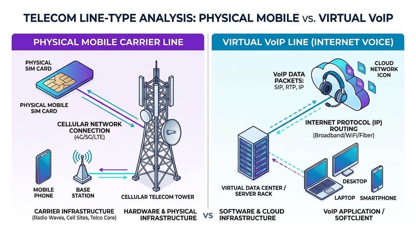 Technical comparison diagram between a physical mobile carrier SIM connection and a virtual VoIP internet route